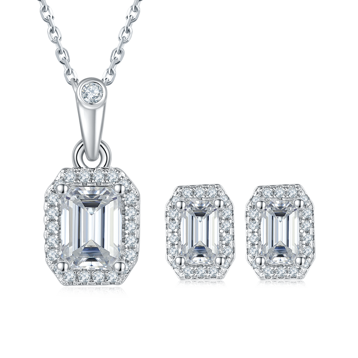 Light luxury rectangular S925 silver plated platinum Moissanite diamond pendant earring set